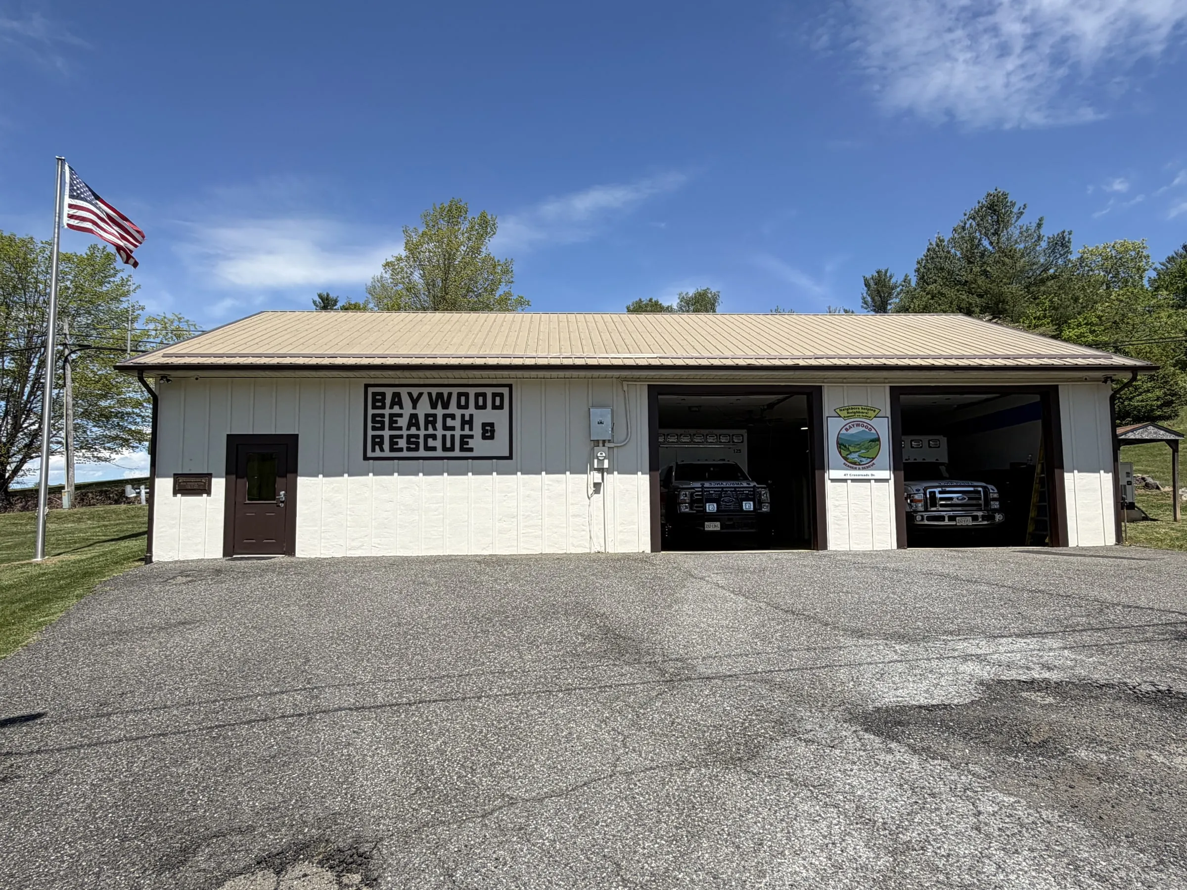 Baywood Search and Rescue station, both ambulances visible inside